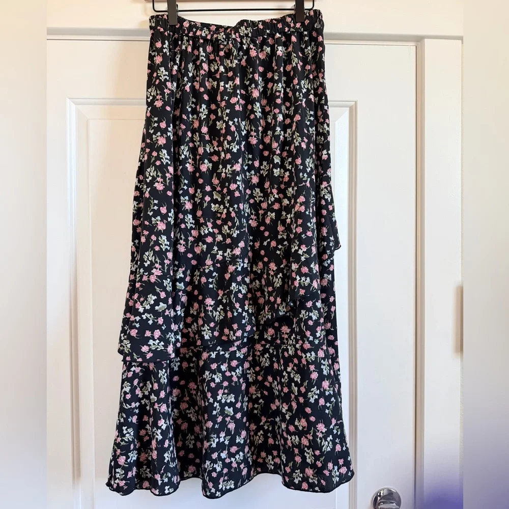 Floral Black and Pink High/Low Ruffle Skirt